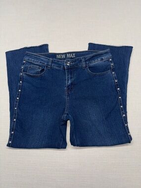 New Max Blue Stud-Trim Wide-Leg Crop Jeans